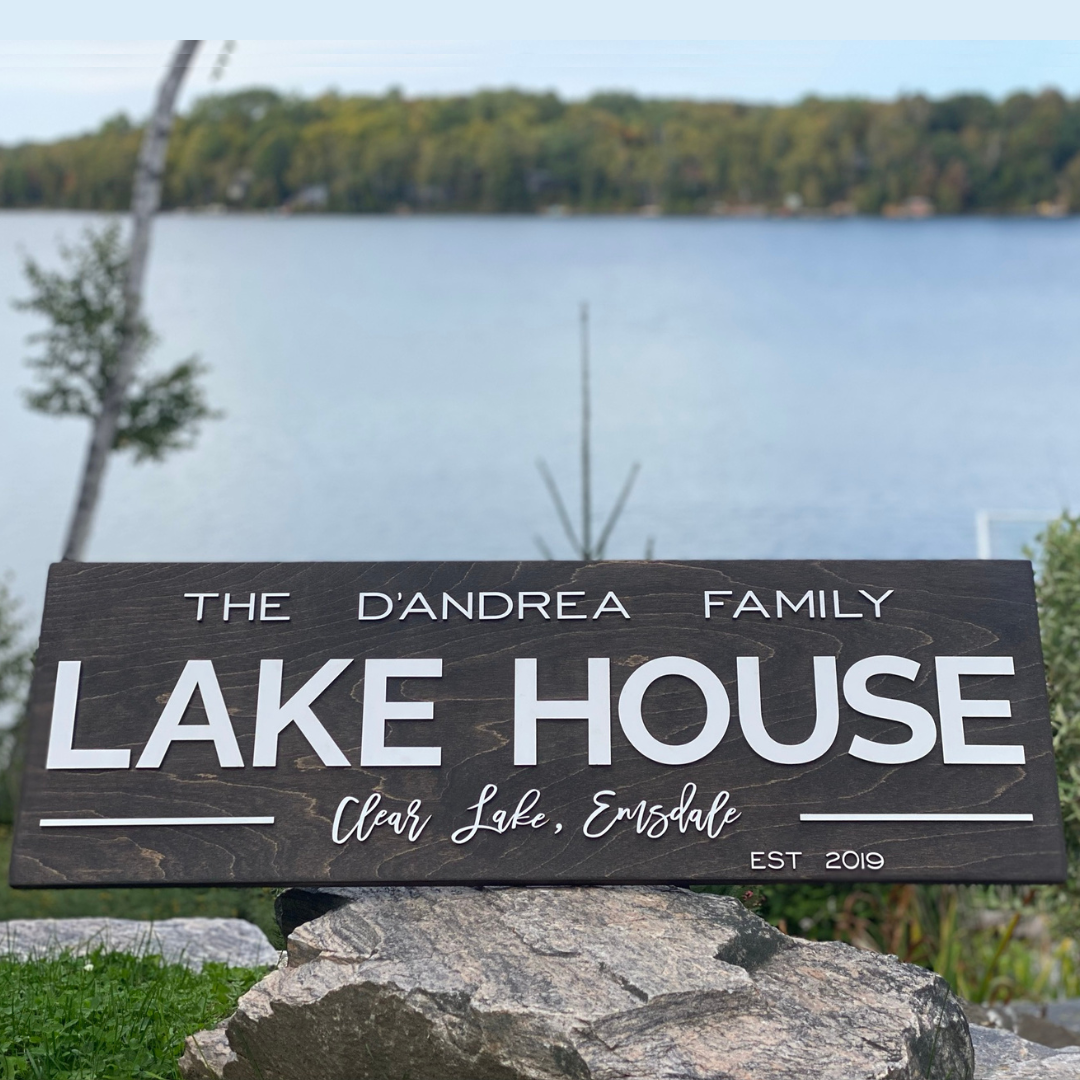  "Stained Pine sign with Laser Cut Family and Lake Name in white"
