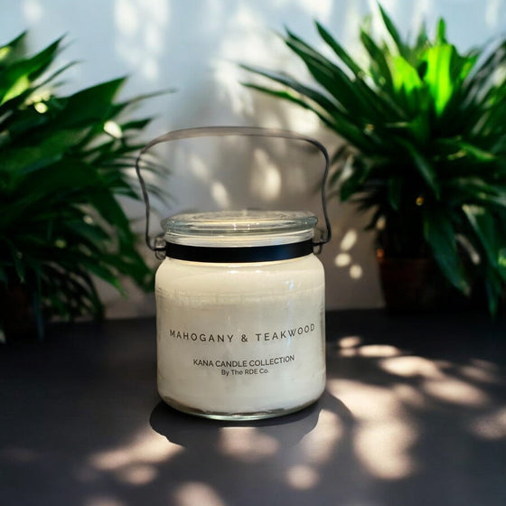 20oz KANA Candle with double wick in glass jar with black handle lovely Mahogany and Teakwood scent option to personalize label