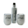 Set of white insulated tumblers with tree design and names on a white background