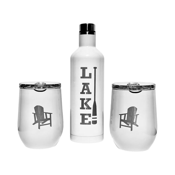 Engraved white stainless steel wine bottle and tumbler set with straws engraving on cups are adirondack charis and bottle has word LAKE with an oar.