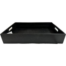 Black wooden serving tray with side cutout handles, styled on a rustic table with glassware; sleek matte finish and optional 3D name customization on front