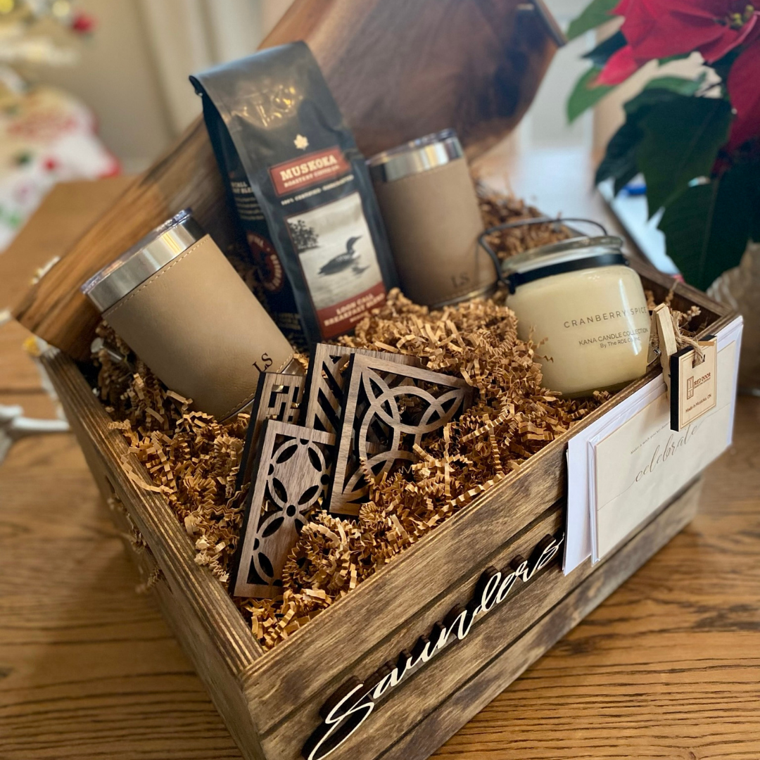  New Home Personalized Gift Crate with tumblers candles coasters and charcuterie board