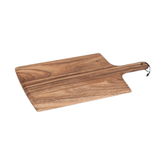 Acacia Farmhouse board with handle and leather string  through hole in the handle on  white background