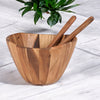 10 inch Acacia salad or serving bowl for rustic entertaining with utensils
