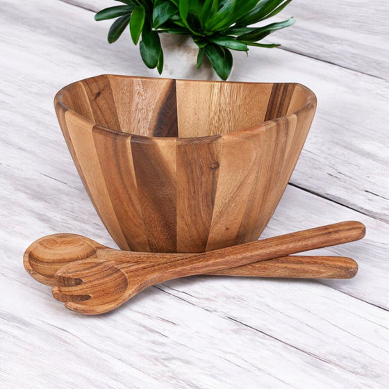 10 inch Acacia salad or serving bowl for rustic entertaining with wooden utensils
