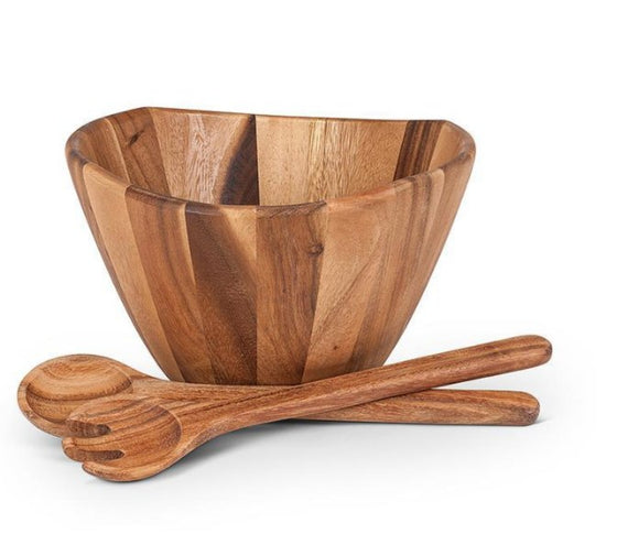 10 inch Acacia salad or serving bowl for rustic entertaining with wooden utenstils
