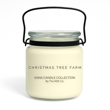 Kana Candle in Christmas Tree Farm, 20oz soy candle in glass jar with handle & white background