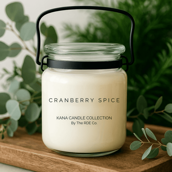 Kana Candle in Cranberry Spice, 20oz soy candle in glass jar with handle & Greenery background
