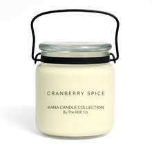  Kana Candle in Cranberry Spice, 20oz soy candle in glass jar with handle & white background