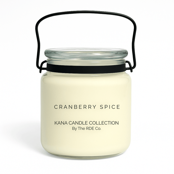 Kana Candle in Cranberry Spice, 20oz soy candle in glass jar with handle & white background