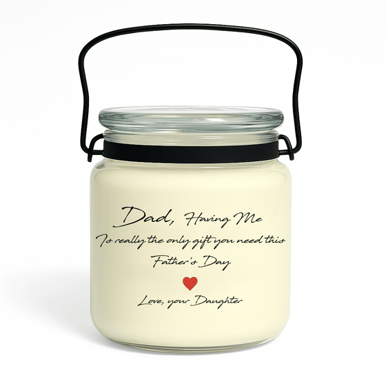 fathers day candle in glass jar  with funny label from daughter