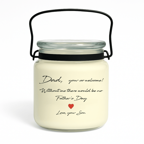 fathers day candle in glass jar with your so welcome label 