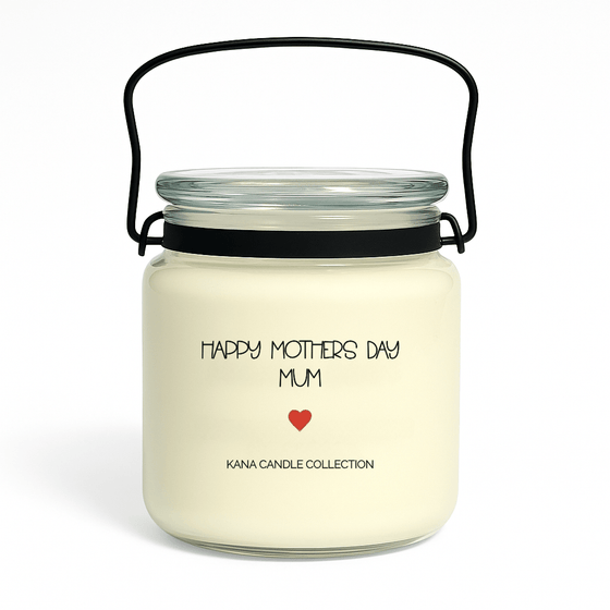 Mother’s Day soy candle with label that reads “Happy Mother’s Day, Mom”