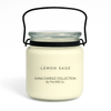 Kana Candle in Lemon Sage, 20oz soy candle in glass jar with handle & white background