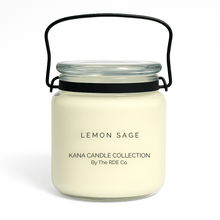  Kana Candle in Lemon Sage, 20oz soy candle in glass jar with handle & white background