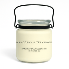  Kana Candle in Mahogany & Teakwood, 20oz soy candle in glass jar with handle & white background