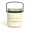 Kana Candle in Nutmeg & Cedar, 20oz soy candle in glass jar with handle & white background