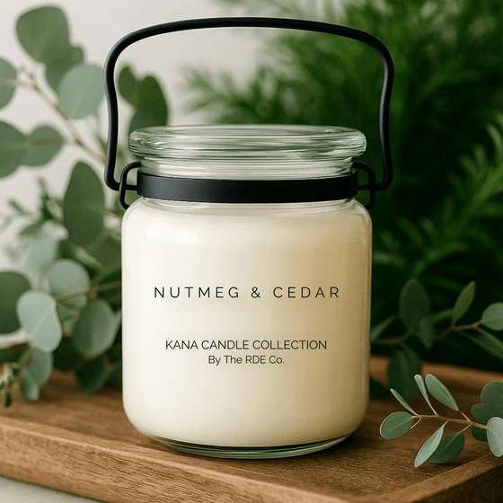 Kana Candle in Nutmeg & Cedar, 20oz soy candle in glass jar with handle & Greenery background