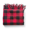 Red and black checkered blanket with fringes on a white background
