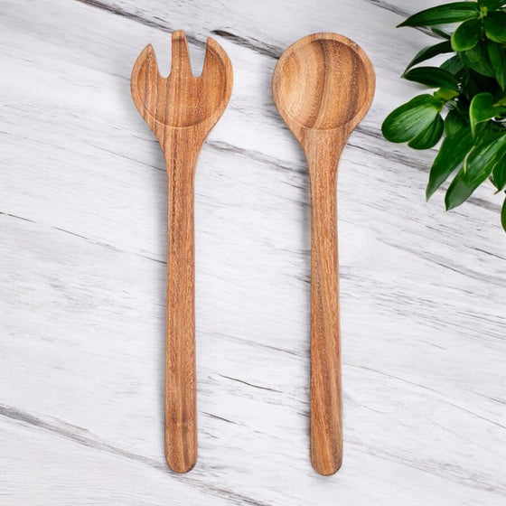 Rustic Acacia wood salad server utensils set