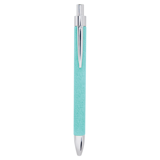 Teal leatherette pen with silver accents on a white background