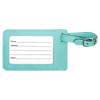 Teal luggage tag with a white label for writing information on a white background
