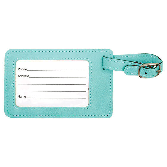 Teal luggage tag with a white label for writing information on a white background