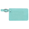Teal luggage tag with a silver buckle on a white background