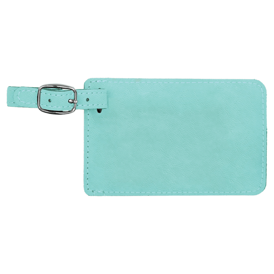 Teal luggage tag with a silver buckle on a white background