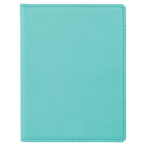 Teal leather passport holder on a white background