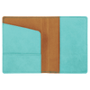 Teal and brown leather passport holder on a white background