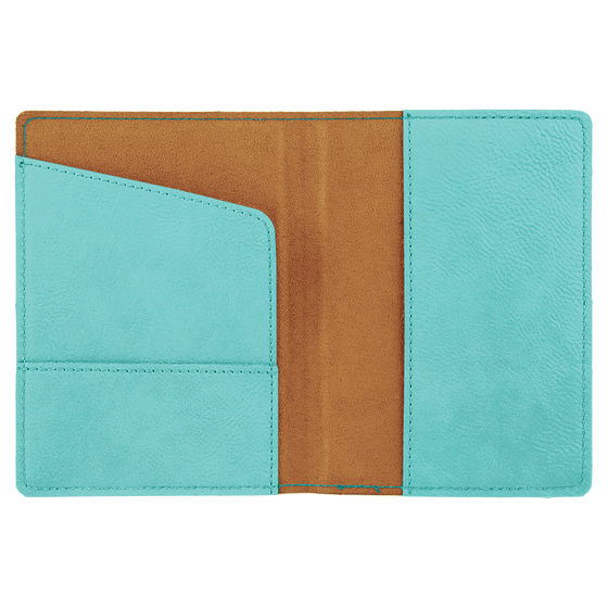 Teal and brown leather passport holder on a white background