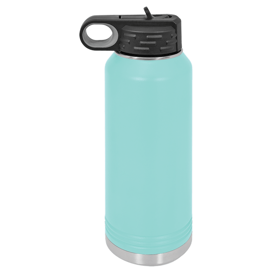 Teal 32oz stainless steel water bottle with black lid on a white background