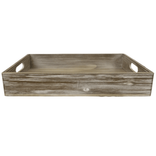  rectangular wooden rustic tray with cut out side handles on white background