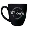 Engraved 16oz black ceramic bistro mug with white interior and custom laser design