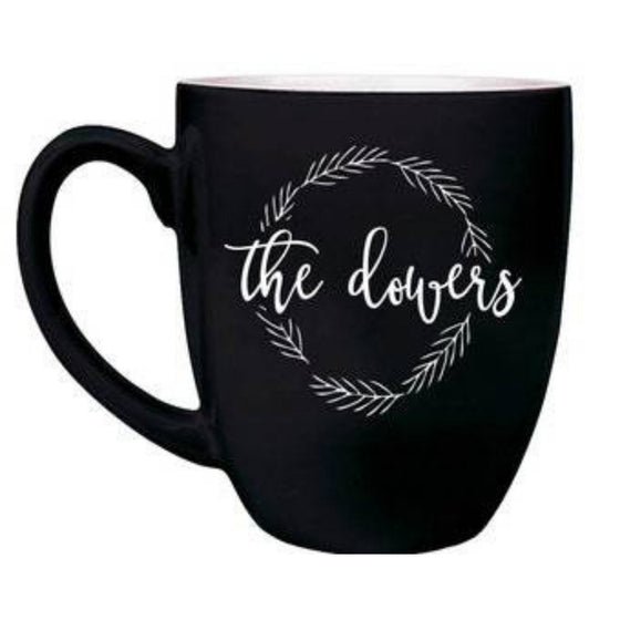 Engraved 16oz black ceramic bistro mug with white interior and custom laser design
