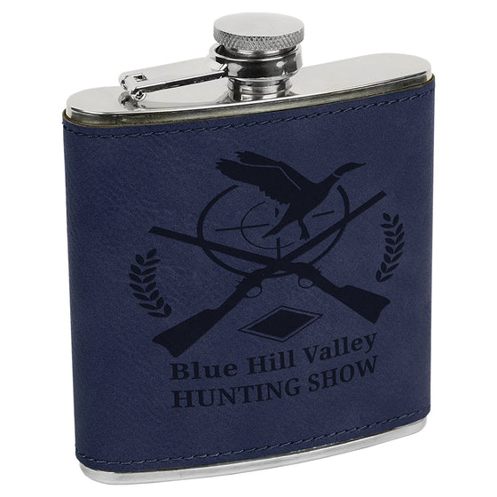 Personalized Laser Engraved 6oz Leatherette Flask Navy with black engraving