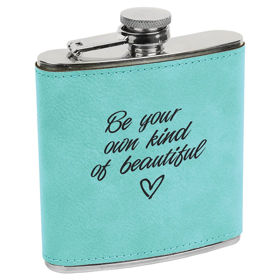 Personalized Laser Engraved 6oz Leatherette Flask Teal lasered black