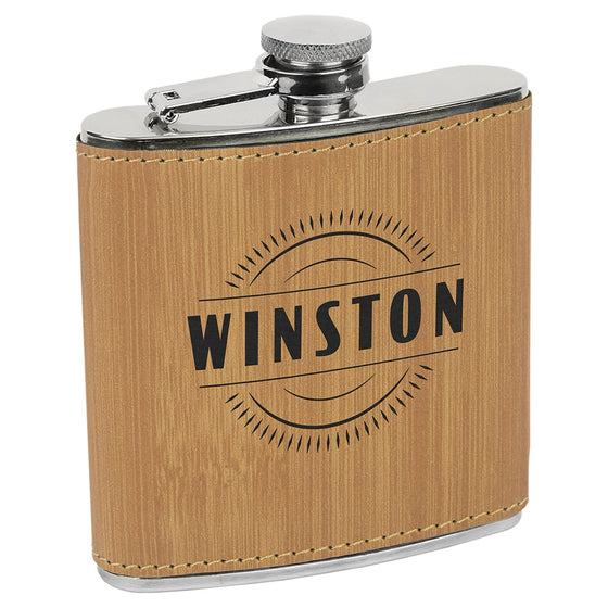 Personalized Laser Engraved 6oz Leatherette Flask Wood lasered black