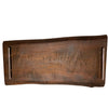 20-inch live edge roasted maple charcuterie board with dark grain, custom silver handles, and round maple feet, handcrafted in Muskoka with engraving option