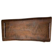  20-inch live edge roasted maple charcuterie board with dark grain, custom silver handles, and round maple feet, handcrafted in Muskoka with engraving option