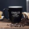 Engraved 16oz black ceramic bistro mug with white interior and custom laser design