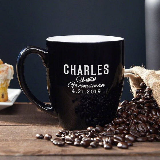 Engraved 16oz black ceramic bistro mug with white interior and custom laser design