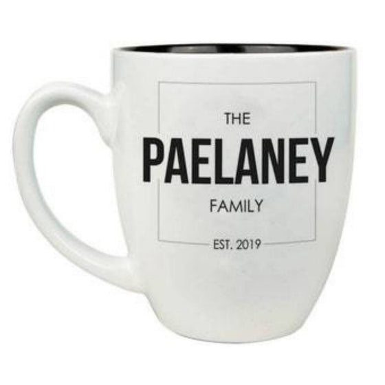 Engraved 16oz white ceramic bistro mug with black interior and custom laser design