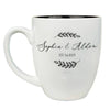 Engraved 16oz white ceramic bistro mug with black interior and custom laser design.