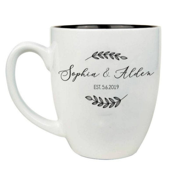 Engraved 16oz white ceramic bistro mug with black interior and custom laser design.