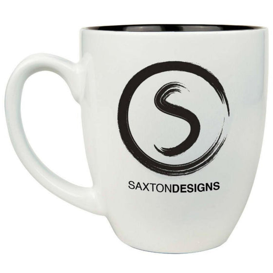 Engraved 16oz white ceramic bistro mug with black interior and custom laser design
