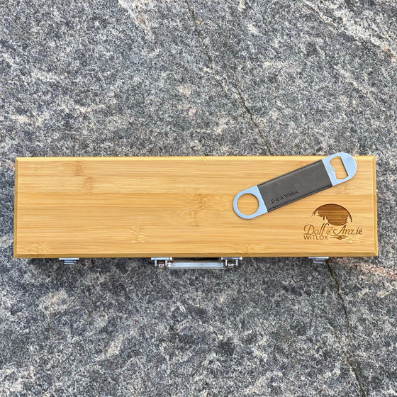 bamboo bbq set with leatherette bottle opener engraved