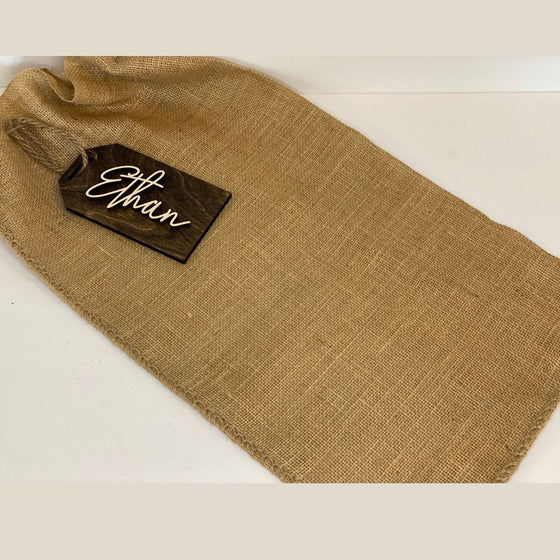 Jute Sac & Baltic Birch Stained Provincial Gift Tag with 3D cut out Name - The Red Door Engraving Company Inc.