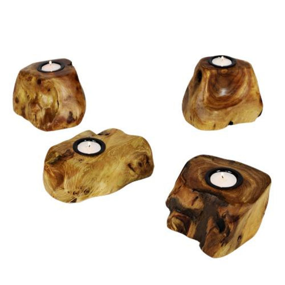 4 x Single Live Edge Root Wood Candle Holder s with tealights inside